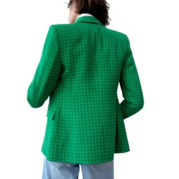 Zara Textured Double Breasted Blazer Coat Jacket Gold Button Green Plaid Large - Picture 6 of 16